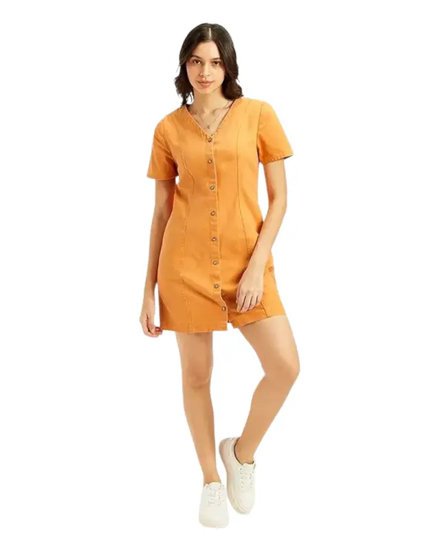 Women's Solid Orange V-Neck Dress